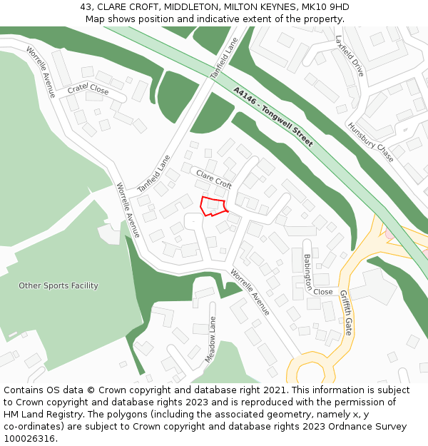 43, CLARE CROFT, MIDDLETON, MILTON KEYNES, MK10 9HD: Location map and indicative extent of plot