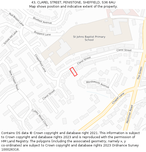 43, CLAREL STREET, PENISTONE, SHEFFIELD, S36 6AU: Location map and indicative extent of plot