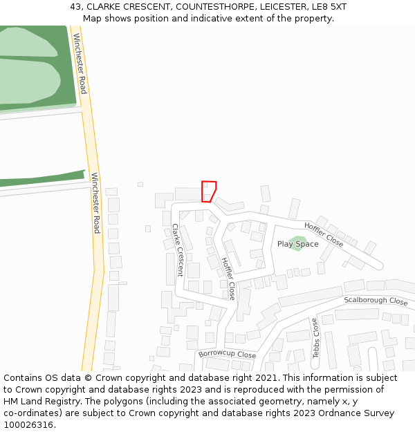 43, CLARKE CRESCENT, COUNTESTHORPE, LEICESTER, LE8 5XT: Location map and indicative extent of plot