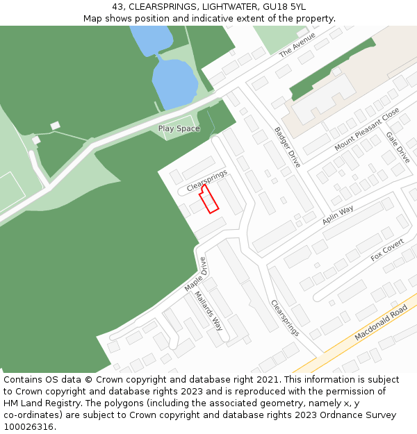 43, CLEARSPRINGS, LIGHTWATER, GU18 5YL: Location map and indicative extent of plot