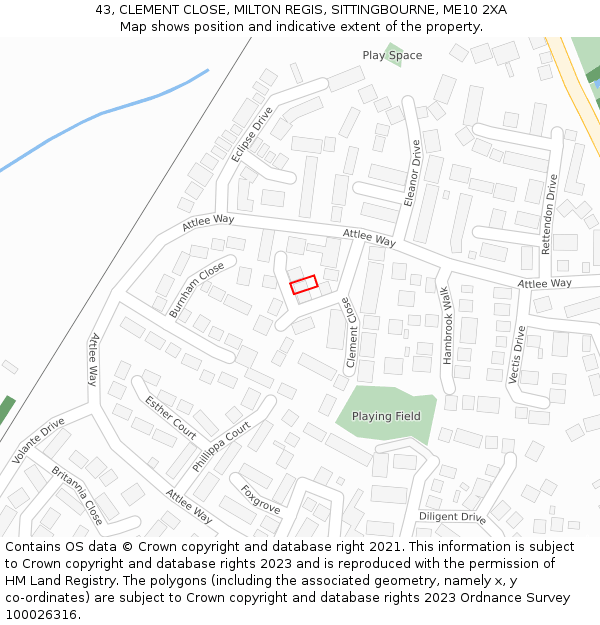 43, CLEMENT CLOSE, MILTON REGIS, SITTINGBOURNE, ME10 2XA: Location map and indicative extent of plot