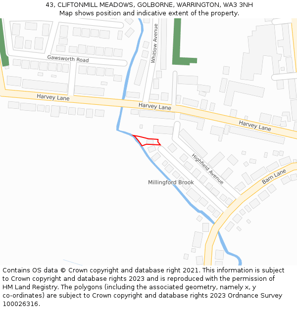 43, CLIFTONMILL MEADOWS, GOLBORNE, WARRINGTON, WA3 3NH: Location map and indicative extent of plot