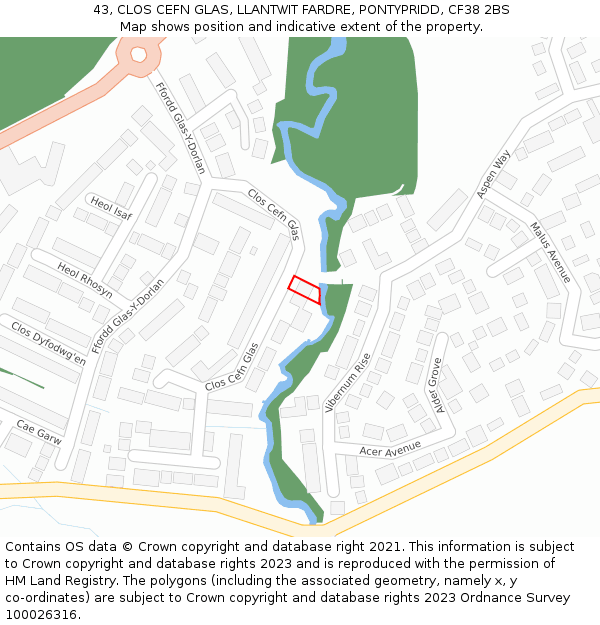 43, CLOS CEFN GLAS, LLANTWIT FARDRE, PONTYPRIDD, CF38 2BS: Location map and indicative extent of plot