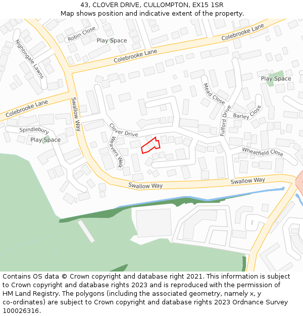 43, CLOVER DRIVE, CULLOMPTON, EX15 1SR: Location map and indicative extent of plot