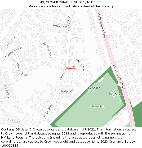 43, CLOVER DRIVE, RUSHDEN, NN10 0TZ: Location map and indicative extent of plot