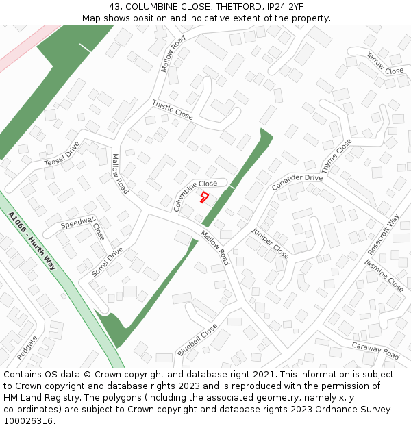 43, COLUMBINE CLOSE, THETFORD, IP24 2YF: Location map and indicative extent of plot