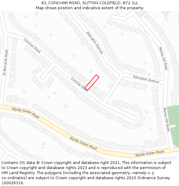 43, CONCHAR ROAD, SUTTON COLDFIELD, B72 1LL: Location map and indicative extent of plot