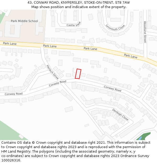 43, CONWAY ROAD, KNYPERSLEY, STOKE-ON-TRENT, ST8 7AW: Location map and indicative extent of plot