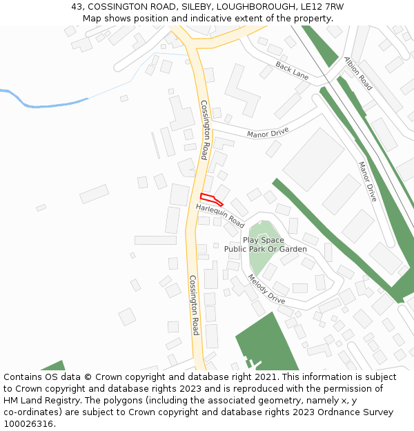 43, COSSINGTON ROAD, SILEBY, LOUGHBOROUGH, LE12 7RW: Location map and indicative extent of plot