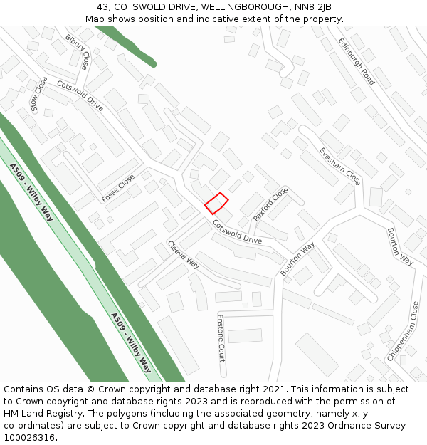 43, COTSWOLD DRIVE, WELLINGBOROUGH, NN8 2JB: Location map and indicative extent of plot