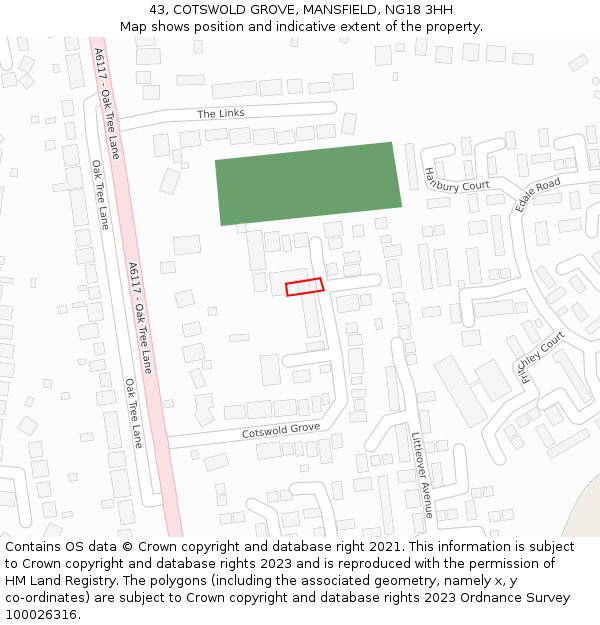 43, COTSWOLD GROVE, MANSFIELD, NG18 3HH: Location map and indicative extent of plot