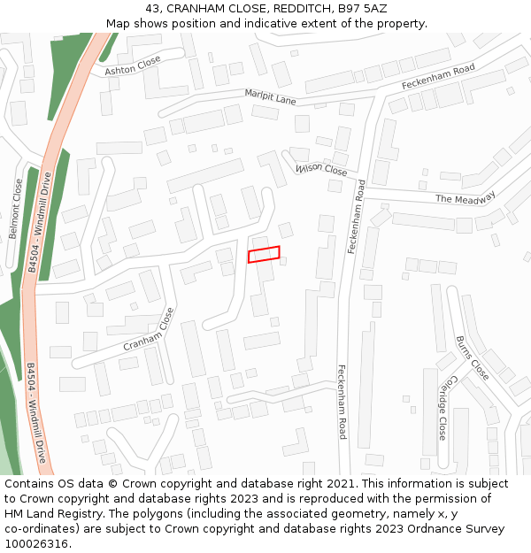 43, CRANHAM CLOSE, REDDITCH, B97 5AZ: Location map and indicative extent of plot