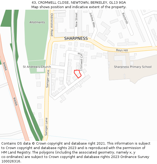 43, CROMWELL CLOSE, NEWTOWN, BERKELEY, GL13 9GA: Location map and indicative extent of plot