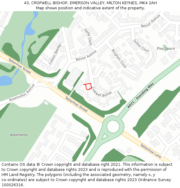 43, CROPWELL BISHOP, EMERSON VALLEY, MILTON KEYNES, MK4 2AH: Location map and indicative extent of plot