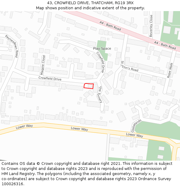 43, CROWFIELD DRIVE, THATCHAM, RG19 3RX: Location map and indicative extent of plot