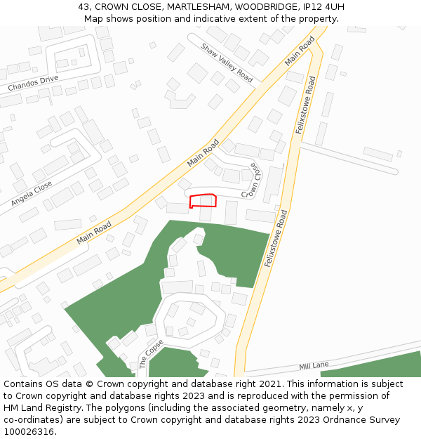 43, CROWN CLOSE, MARTLESHAM, WOODBRIDGE, IP12 4UH: Location map and indicative extent of plot