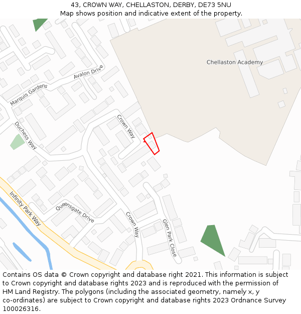 43, CROWN WAY, CHELLASTON, DERBY, DE73 5NU: Location map and indicative extent of plot