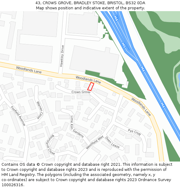 43, CROWS GROVE, BRADLEY STOKE, BRISTOL, BS32 0DA: Location map and indicative extent of plot