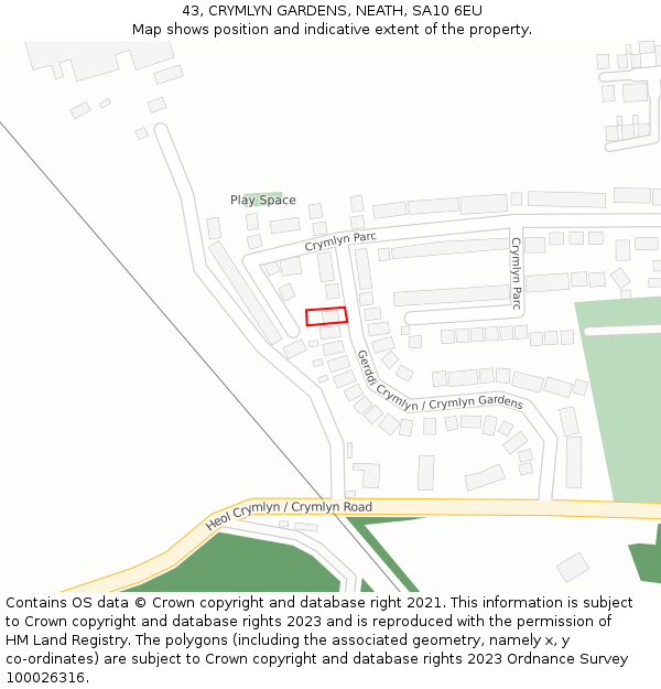 43, CRYMLYN GARDENS, NEATH, SA10 6EU: Location map and indicative extent of plot