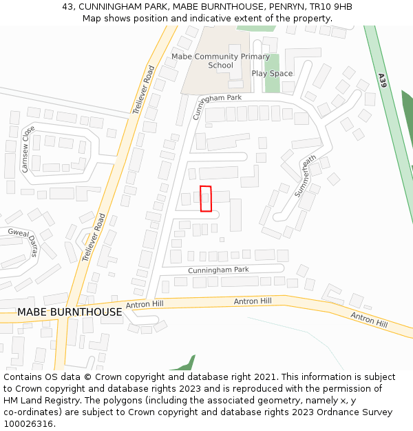 43, CUNNINGHAM PARK, MABE BURNTHOUSE, PENRYN, TR10 9HB: Location map and indicative extent of plot