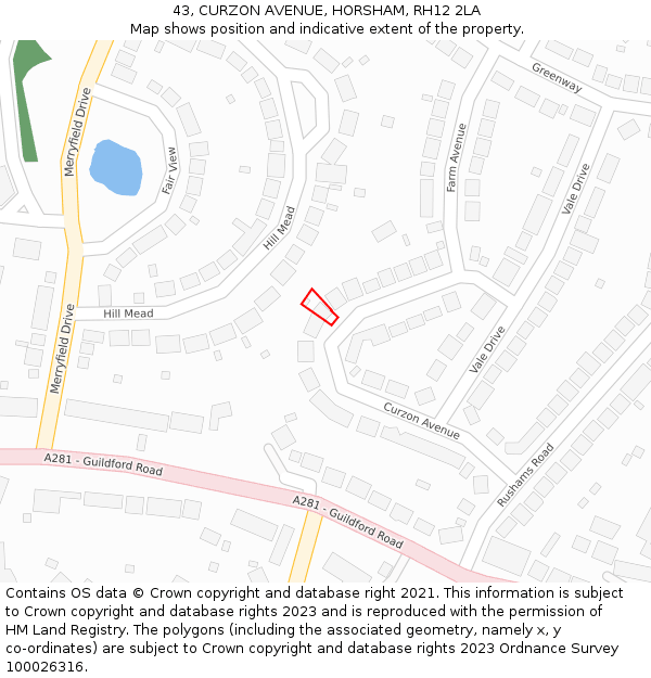 43, CURZON AVENUE, HORSHAM, RH12 2LA: Location map and indicative extent of plot