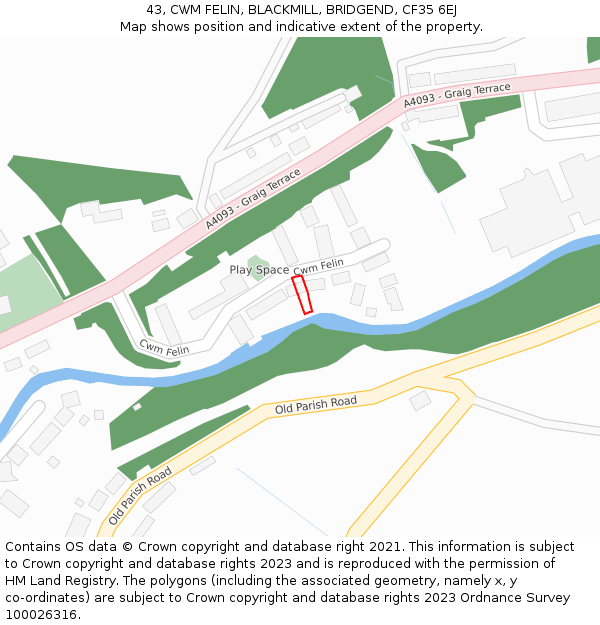 43, CWM FELIN, BLACKMILL, BRIDGEND, CF35 6EJ: Location map and indicative extent of plot