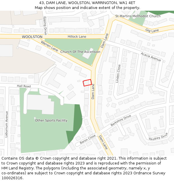 43, DAM LANE, WOOLSTON, WARRINGTON, WA1 4ET: Location map and indicative extent of plot