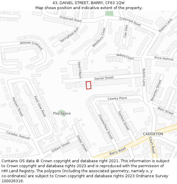 43, DANIEL STREET, BARRY, CF63 1QW: Location map and indicative extent of plot