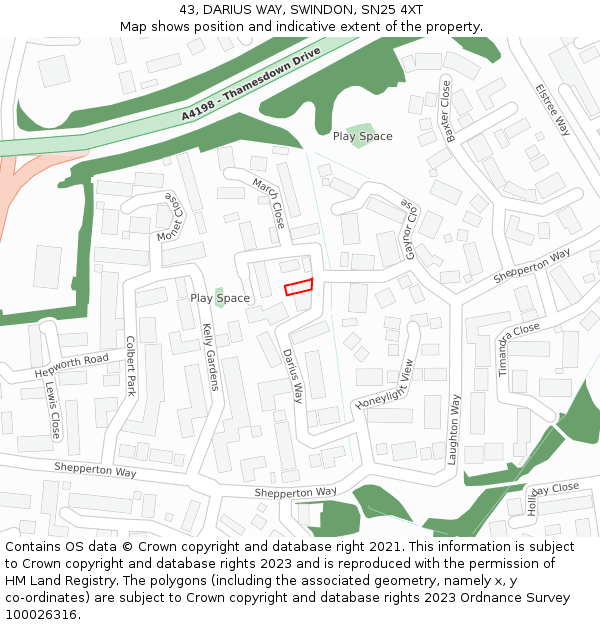 43, DARIUS WAY, SWINDON, SN25 4XT: Location map and indicative extent of plot