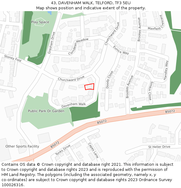 43, DAVENHAM WALK, TELFORD, TF3 5EU: Location map and indicative extent of plot