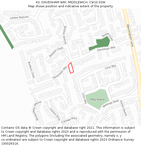 43, DAVENHAM WAY, MIDDLEWICH, CW10 0SW: Location map and indicative extent of plot