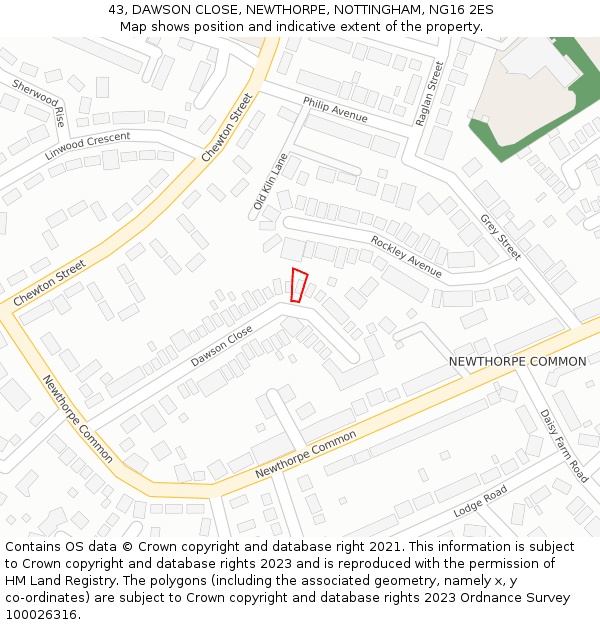 43, DAWSON CLOSE, NEWTHORPE, NOTTINGHAM, NG16 2ES: Location map and indicative extent of plot