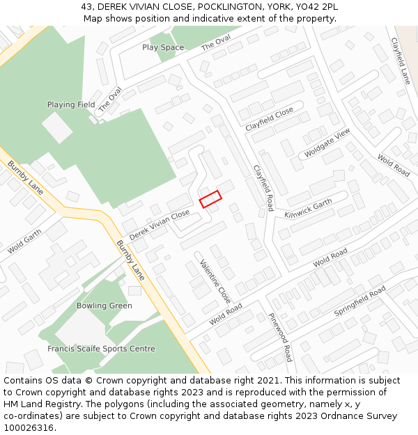 43, DEREK VIVIAN CLOSE, POCKLINGTON, YORK, YO42 2PL: Location map and indicative extent of plot