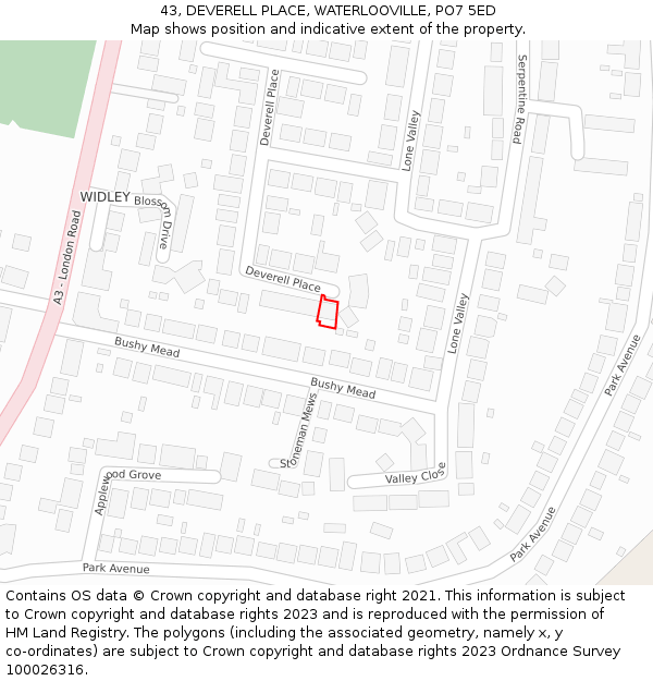 43, DEVERELL PLACE, WATERLOOVILLE, PO7 5ED: Location map and indicative extent of plot