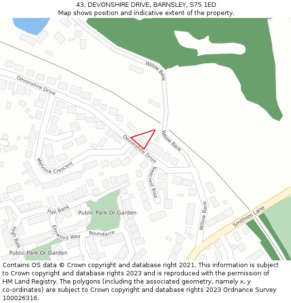 43, DEVONSHIRE DRIVE, BARNSLEY, S75 1ED: Location map and indicative extent of plot