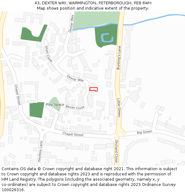 43, DEXTER WAY, WARMINGTON, PETERBOROUGH, PE8 6WH: Location map and indicative extent of plot