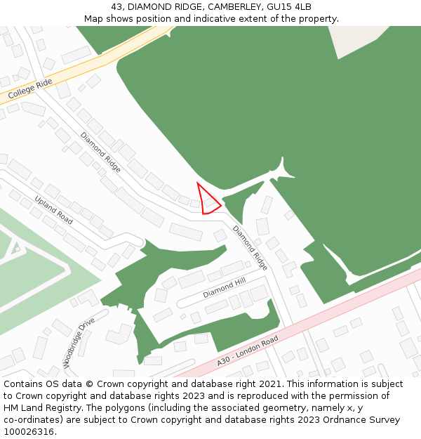 43, DIAMOND RIDGE, CAMBERLEY, GU15 4LB: Location map and indicative extent of plot