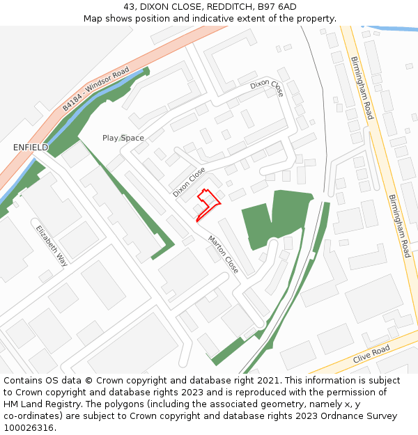 43, DIXON CLOSE, REDDITCH, B97 6AD: Location map and indicative extent of plot