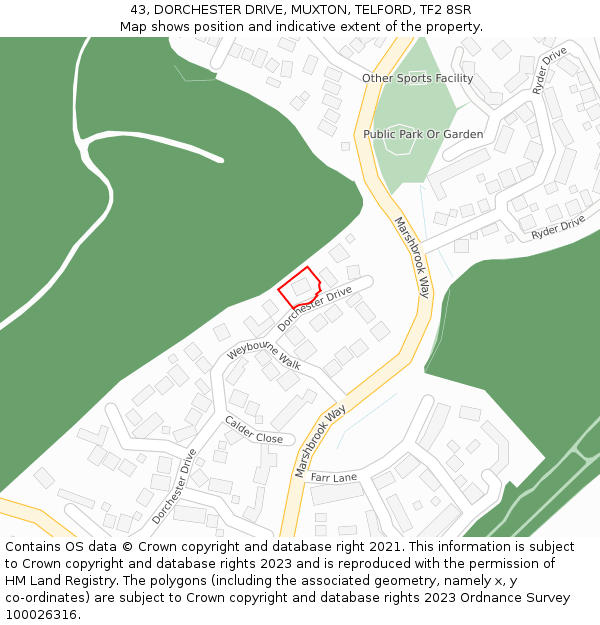 43, DORCHESTER DRIVE, MUXTON, TELFORD, TF2 8SR: Location map and indicative extent of plot