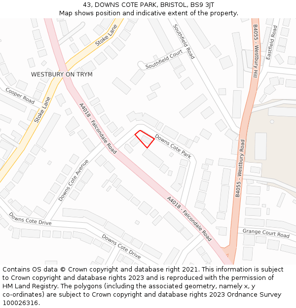 43, DOWNS COTE PARK, BRISTOL, BS9 3JT: Location map and indicative extent of plot