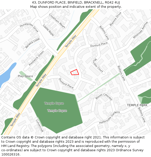 43, DUNFORD PLACE, BINFIELD, BRACKNELL, RG42 4UJ: Location map and indicative extent of plot