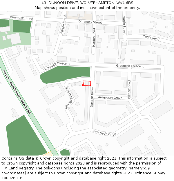 43, DUNOON DRIVE, WOLVERHAMPTON, WV4 6BS: Location map and indicative extent of plot