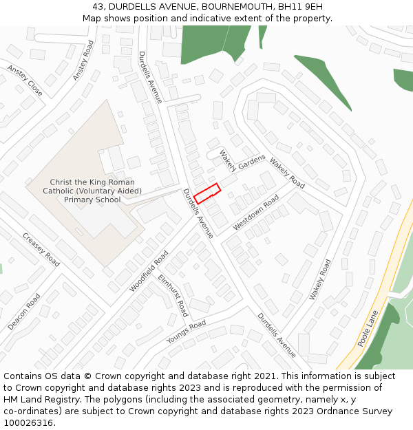 43, DURDELLS AVENUE, BOURNEMOUTH, BH11 9EH: Location map and indicative extent of plot
