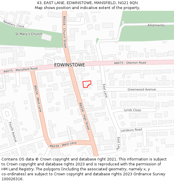 43, EAST LANE, EDWINSTOWE, MANSFIELD, NG21 9QN: Location map and indicative extent of plot