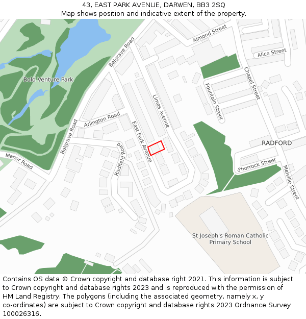 43, EAST PARK AVENUE, DARWEN, BB3 2SQ: Location map and indicative extent of plot