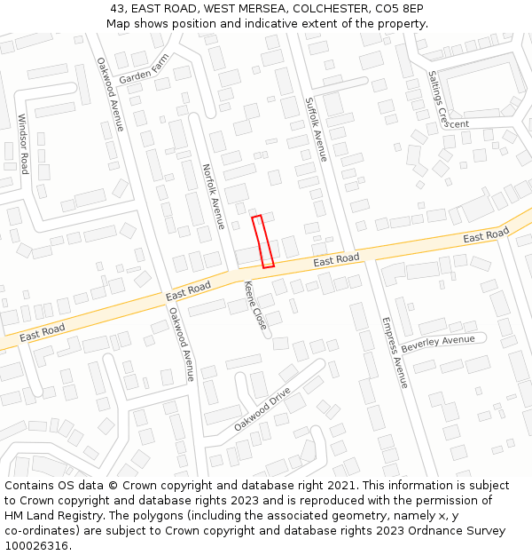 43, EAST ROAD, WEST MERSEA, COLCHESTER, CO5 8EP: Location map and indicative extent of plot