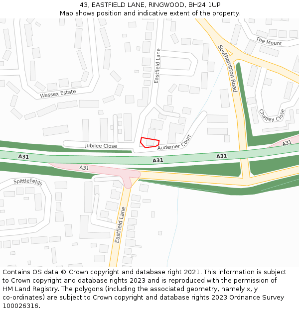 43, EASTFIELD LANE, RINGWOOD, BH24 1UP: Location map and indicative extent of plot