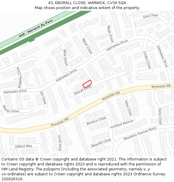 43, EBORALL CLOSE, WARWICK, CV34 5QA: Location map and indicative extent of plot