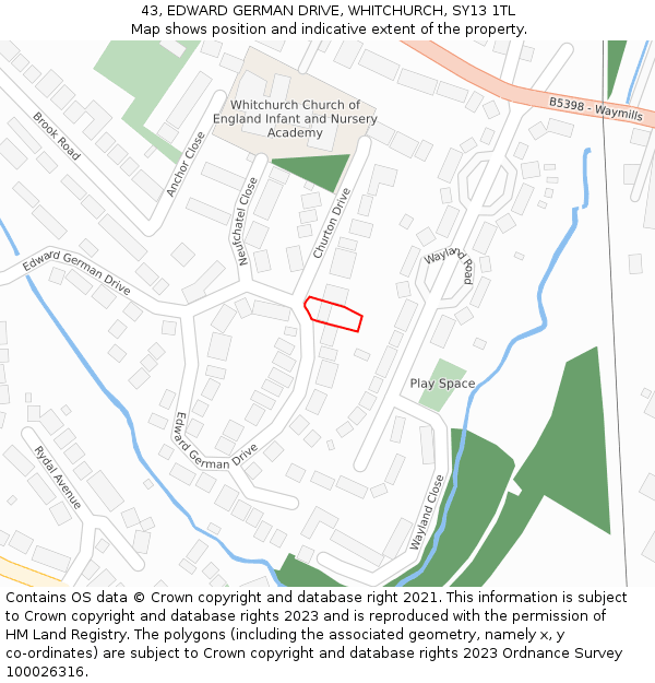 43, EDWARD GERMAN DRIVE, WHITCHURCH, SY13 1TL: Location map and indicative extent of plot