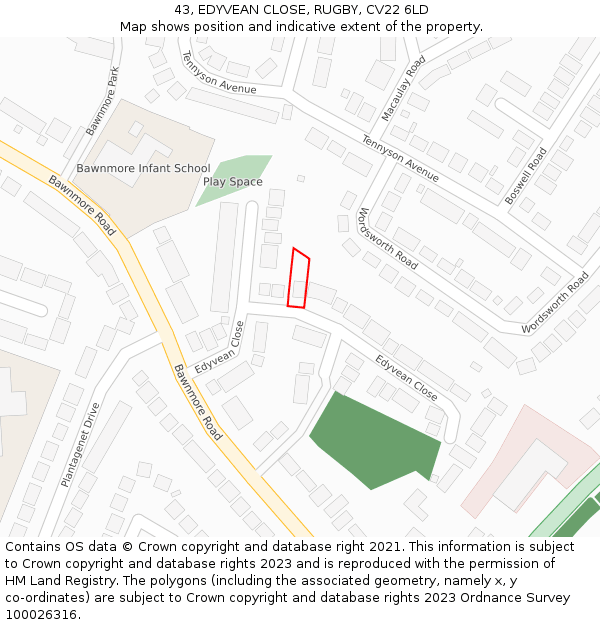 43, EDYVEAN CLOSE, RUGBY, CV22 6LD: Location map and indicative extent of plot